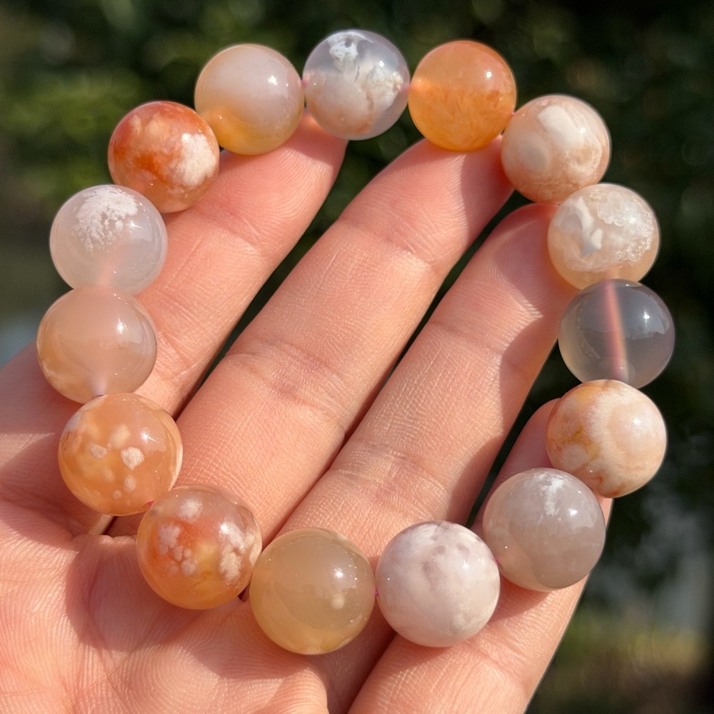 13.5mm stretchable high‎ quality flower agate bracelet 1148